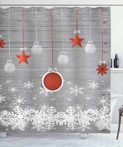 Traditional Christmas Shower Curtain, Pendant Stars Baubles Ornate Snowflakes Print in Grey Red White Bathroom Decor