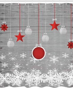 Traditional Christmas Shower Curtain, Pendant Stars Baubles Ornate Snowflakes Print in Grey Red White Bathroom Decor