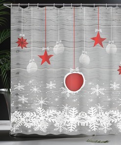 Traditional Christmas Shower Curtain, Pendant Stars Baubles Ornate Snowflakes Print in Grey Red White Bathroom Decor