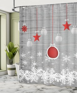Traditional Christmas Shower Curtain, Pendant Stars Baubles Ornate Snowflakes Print in Grey Red White Bathroom Decor