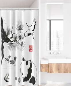Traditional Japanese Painting Style Shower Curtain, Art Hieroglyph Way Cloth Bathroom Decor in Black and White