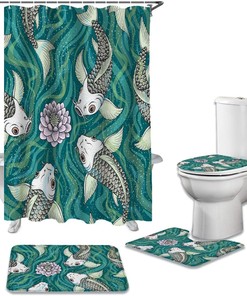 Traditional Japanese Style Koi Fish Lotus Flower Shower Curtain