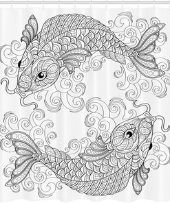 Traditional Koi Fish Pattern Shower Curtain, Image Print Cloth Bathroom Decor in Grey and White