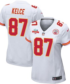 Travis Kelce 87 Kansas City Chiefs Super Bowl LVII Champions 3 Stars Women Game Jersey - White
