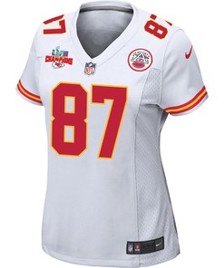 Travis Kelce 87 Kansas City Chiefs Super Bowl LVII Champions 3 Stars Women Game Jersey - White