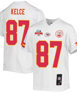 Travis Kelce 87 Kansas City Chiefs Super Bowl LVII Champions 3 Stars Youth Game Jersey - White