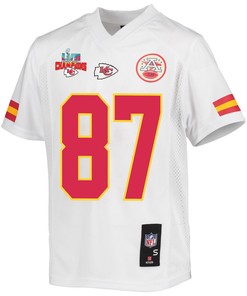 Travis Kelce 87 Kansas City Chiefs Super Bowl LVII Champions 3 Stars Youth Game Jersey - White