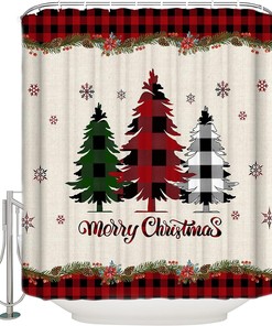 Tree Snowflake Red Black Buffalo Plaid Shower Curtain - Winter Buffalo Plaid Bathroom Decor