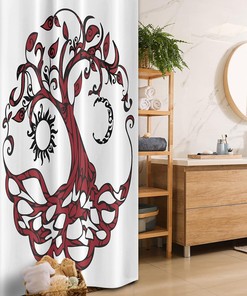 Tree of Life Stall Shower Curtain, Sun and Half-Moon Hanging as Fruits, Fabric Bathroom Decor