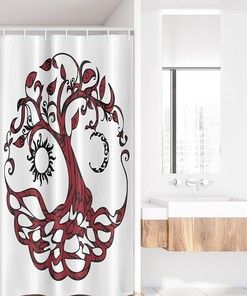 Tree of Life Stall Shower Curtain, Sun and Half-Moon Hanging as Fruits, Fabric Bathroom Decor