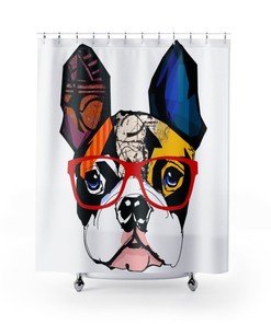 Trendy Boston Terrier Shower Curtain with Art Deco Glasses Design