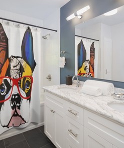 Trendy Boston Terrier Shower Curtain with Art Deco Glasses Design