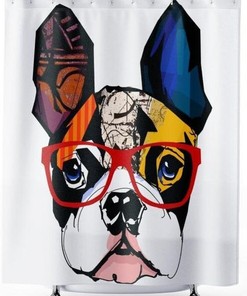 Trendy Boston Terrier Shower Curtain with Art Deco Glasses Design