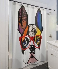 Trendy Boston Terrier Shower Curtain with Art Deco Glasses Design