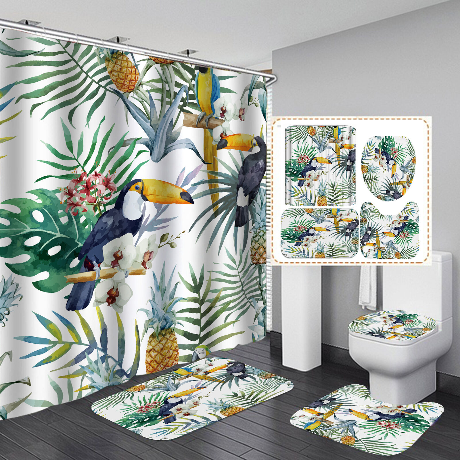 Trendy and Chic Toucan Palm Leaf Pineapple Shower Curtain for your Bathroom Decor