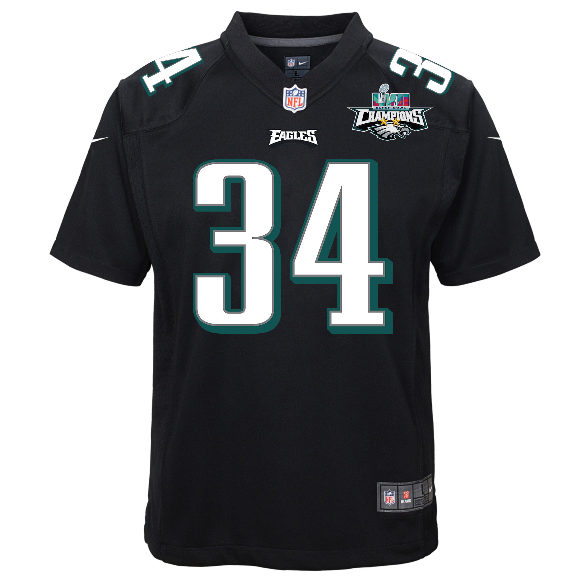 Trey Sermon 34 Philadelphia Eagles Super Bowl LVII Champions 2 Stars Youth Game Jersey - Black