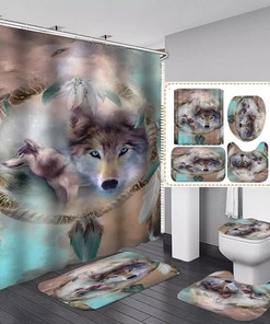 Tribal Blue Eyed Wolf Shower Curtain for Mystical Bathroom Decor