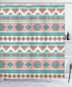 Tribal Geometric Shower Curtain, Native Style Vintage Design with Triangles Print, Bathroom Curtain
