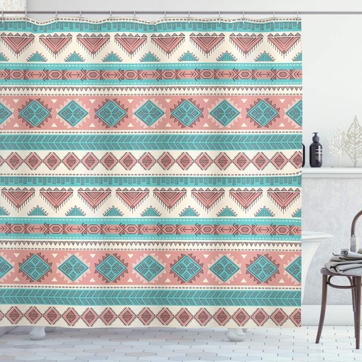 Tribal Geometric Shower Curtain, Native Style Vintage Design with Triangles Print, Bathroom Curtain
