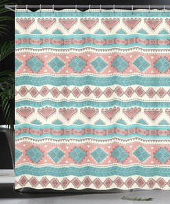 Tribal Geometric Shower Curtain, Native Style Vintage Design with Triangles Print, Bathroom Curtain