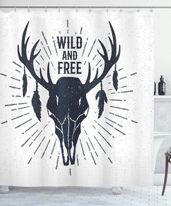 Tribal Vintage Grunge Deer Head Shower Curtain, Inspirational Lettering Cloth Bathroom Decor in Dark Blue White