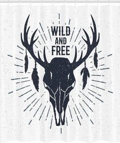 Tribal Vintage Grunge Deer Head Shower Curtain, Inspirational Lettering Cloth Bathroom Decor in Dark Blue White