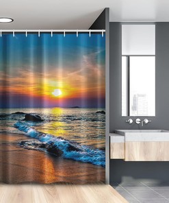 Tropic Reflections Shower Curtain, Colorful Last Sun Rays Over the Waves, Fabric Bathroom Decor