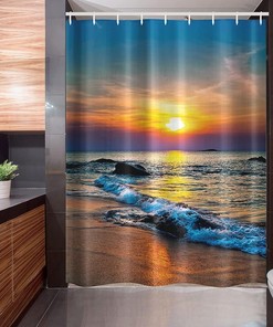 Tropic Reflections Shower Curtain, Colorful Last Sun Rays Over the Waves, Fabric Bathroom Decor