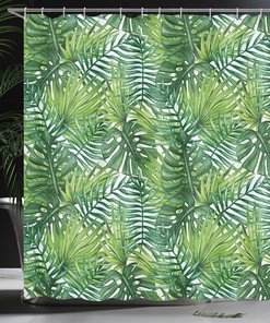 Tropical Banana Leaves Shower Curtain, Exotic Palm Tree Watercolor Cloth Fabric Bathroom Decor, Home Decor Green