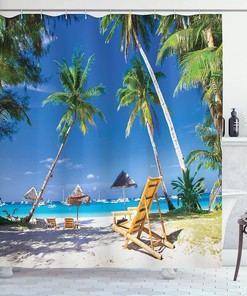 Tropical Beach Shower Curtain, Palm Trees Boracay Island Image Print Cloth Bathroom Decor, White Green