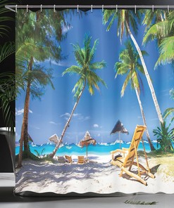 Tropical Beach Shower Curtain, Palm Trees Boracay Island Image Print Cloth Bathroom Decor, White Green