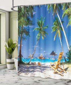 Tropical Beach Shower Curtain, Palm Trees Boracay Island Image Print Cloth Bathroom Decor, White Green