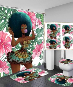 Tropical Black Girl Shower Curtain Set for African American Bathroom Decor