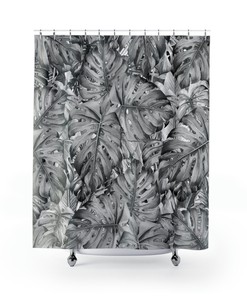 Tropical Boheme Botanical Shower Curtain - Grey Ombre with Monstera Leaves for a Chic Cottage Core Bathroom 