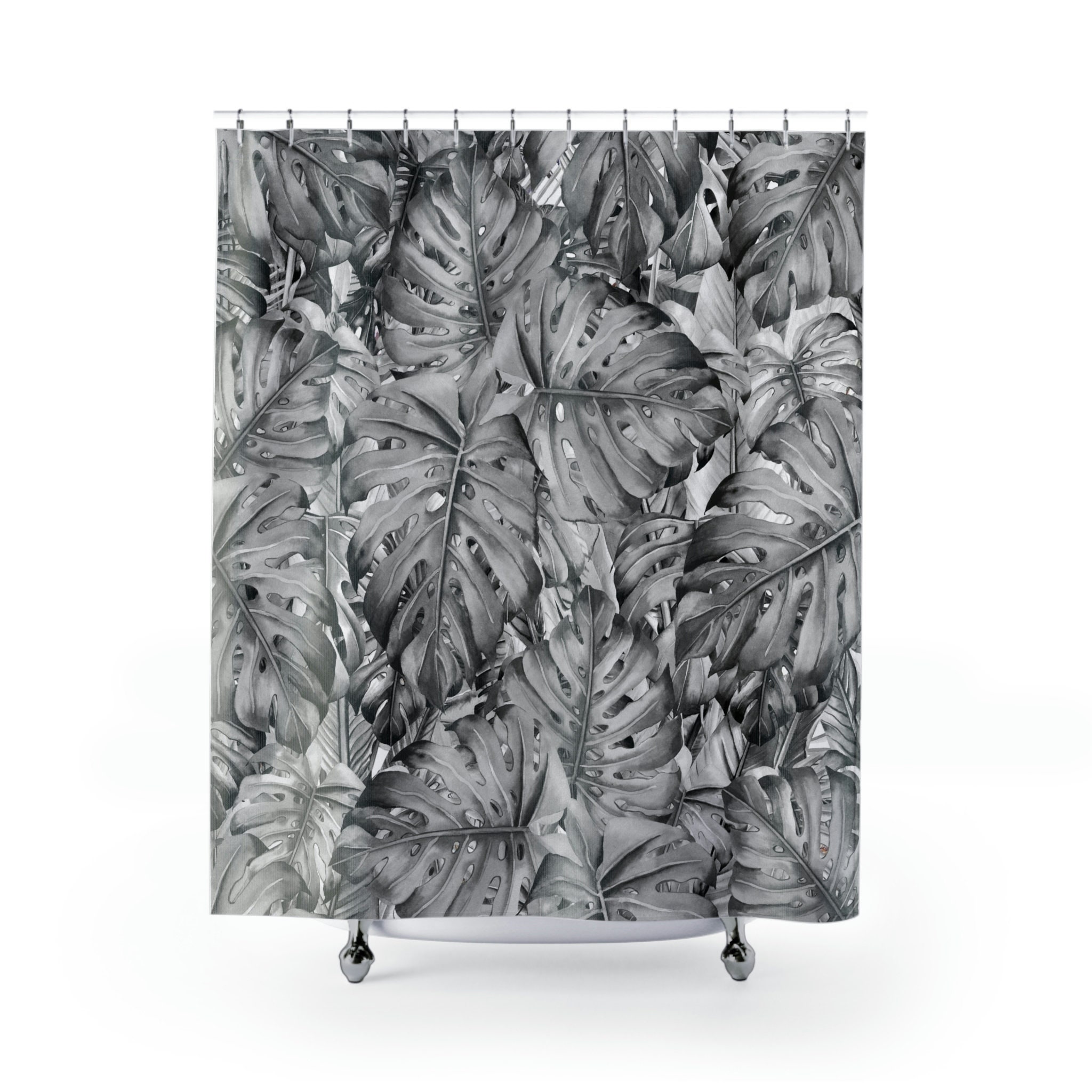 Tropical Boheme Botanical Shower Curtain - Grey Ombre with Monstera Leaves for a Chic Cottage Core Bathroom