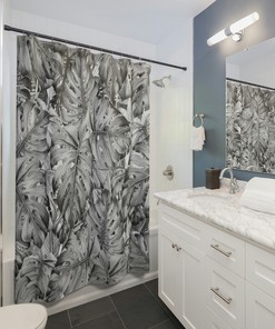 Tropical Boheme Botanical Shower Curtain - Grey Ombre with Monstera Leaves for a Chic Cottage Core Bathroom