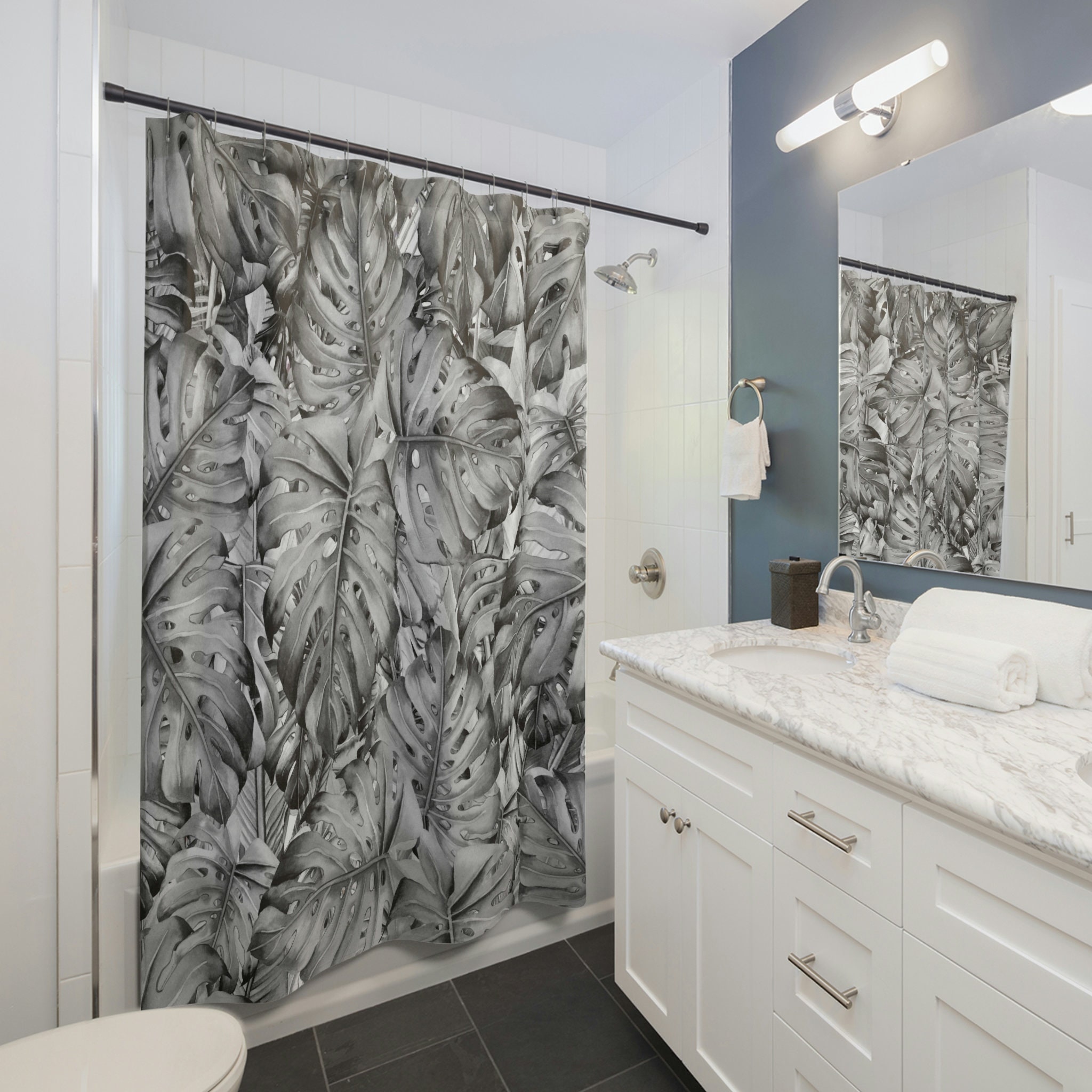 Tropical Boheme Botanical Shower Curtain - Grey Ombre with Monstera Leaves for a Chic Cottage Core Bathroom