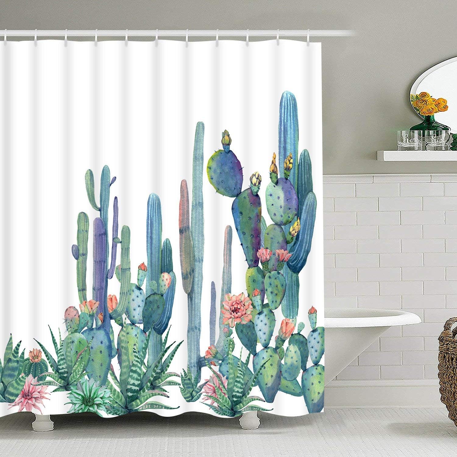 Tropical Cactus Flowers Blossom Bathroom Shower Curtain - Durable Waterproof Fabric