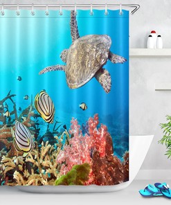Tropical Fishes and Turtle Shower Curtain Underwater Bathroom Decor
