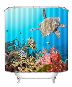 Tropical Fishes and Turtle Shower Curtain Underwater Bathroom Decor