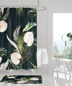 Tropical Floral Boho Shower Curtain with Anthurium and Orchids 