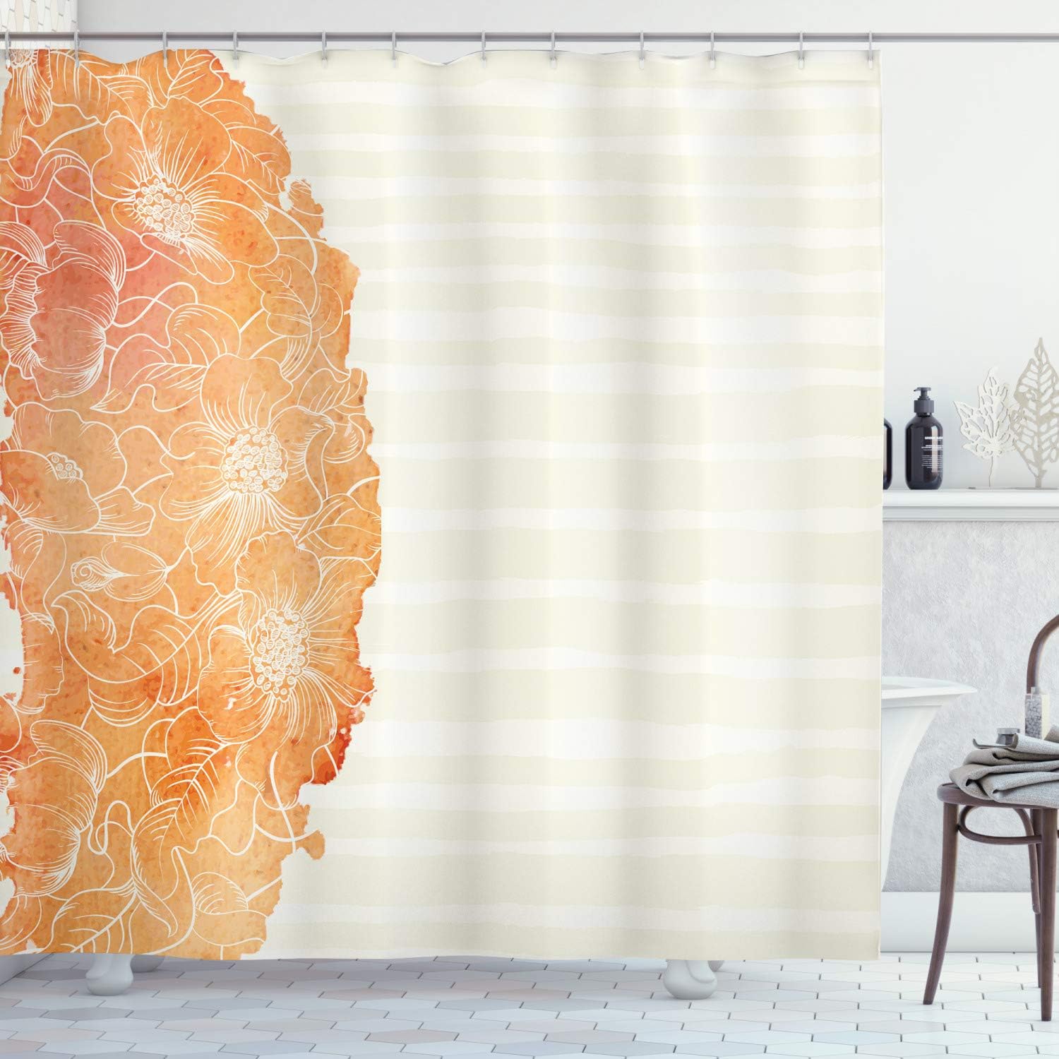 Tropical Floral Shower Curtain with Abstract Backdrop for Bathroom Decor