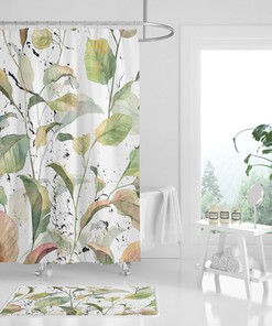 Tropical Floral and Sage Green White Boho Shower Curtain with Watercolor Effect