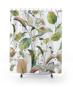 Tropical Floral and Sage Green White Boho Shower Curtain with Watercolor Effect