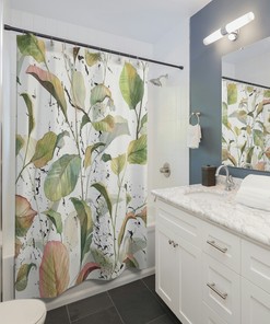 Tropical Floral and Sage Green White Boho Shower Curtain with Watercolor Effect
