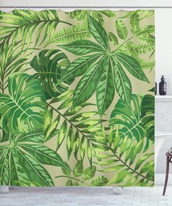 Tropical Green Leaf Shower Curtain, Aloha Hawaii Exotic Pattern for Bathroom Decor, Apple Green Cloth Fabric