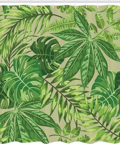 Tropical Green Leaf Shower Curtain, Aloha Hawaii Exotic Pattern for Bathroom Decor, Apple Green Cloth Fabric