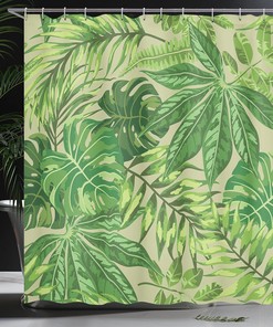 Tropical Green Leaf Shower Curtain, Aloha Hawaii Exotic Pattern for Bathroom Decor, Apple Green Cloth Fabric