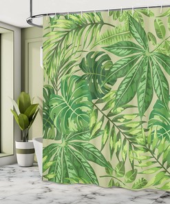 Tropical Green Leaf Shower Curtain, Aloha Hawaii Exotic Pattern for Bathroom Decor, Apple Green Cloth Fabric
