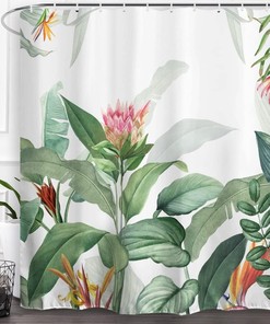 Tropical Green Leaf Shower Curtain - Botanical Floral Bath Curtain for Summer Bathroom Decor